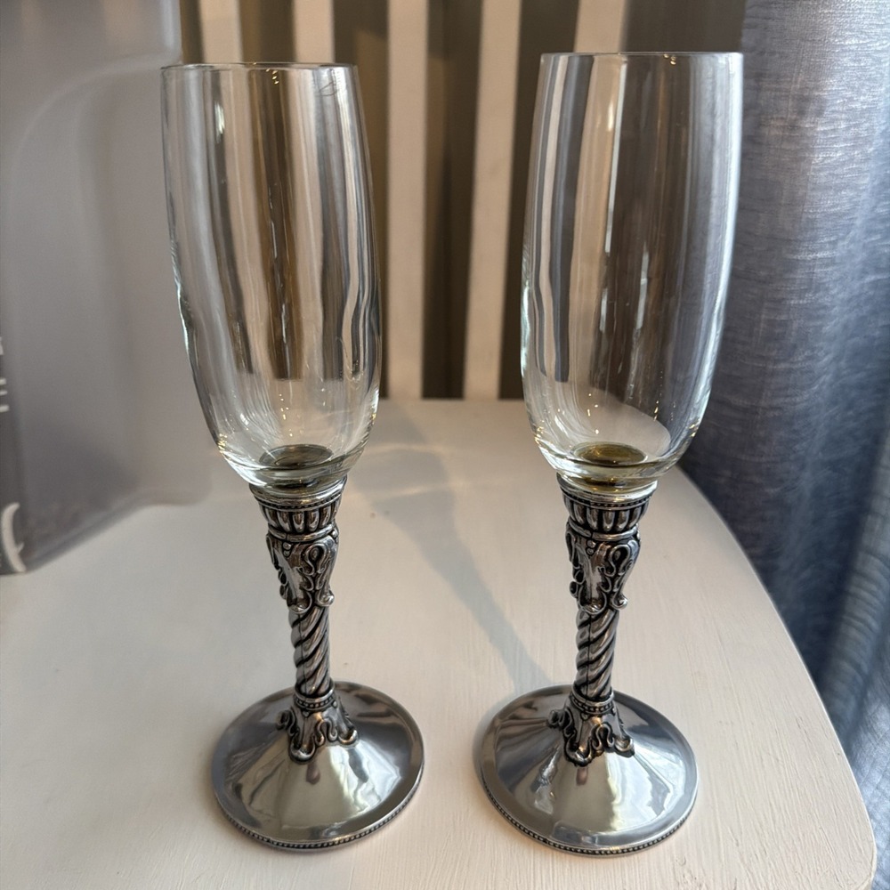 Set of 2 Brighton Celebration Champagne Flute Silver Stemware Art Deco‎ Wedding